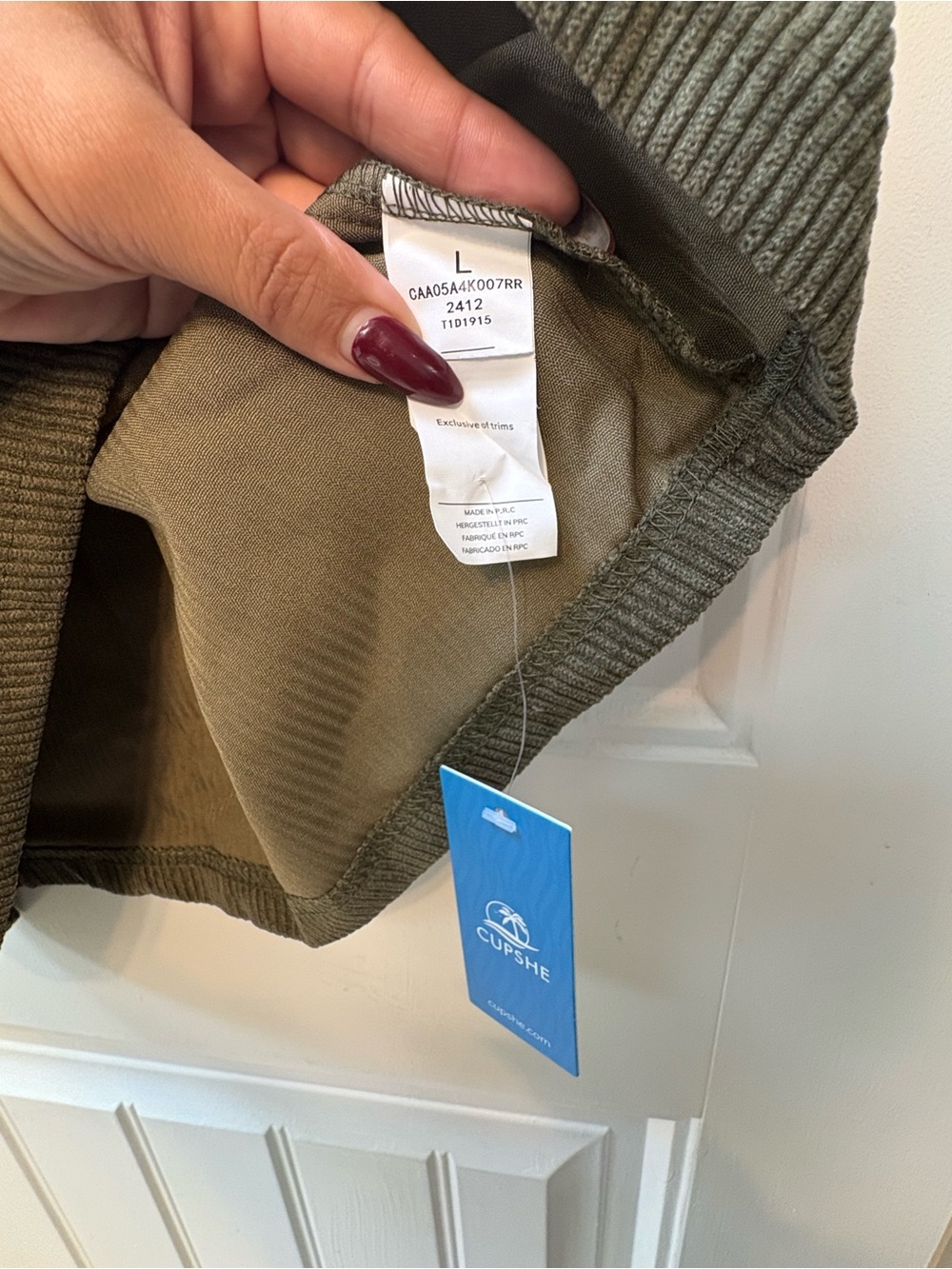 NWT Cupshe Olive Green Ribbed Corduroy Pinafore Dress overall - size L - Picture 5 of 6